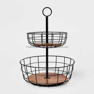 Colorful Round Metal and Wood Storage <b>Baskets</b> for Kitchen PC & <b>Wired</b> Material for Fruit Vegetable Tableware Organization - Product Image 1