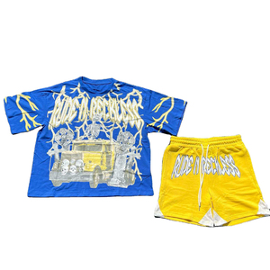 Ensemble T-shirt et short pour homme, noir, 100% coton, streetwear, avec logo imprimé numérique personnalisé sur le devant, short assorti, tenue décontractée d'été - Product Image 4