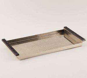 Luxury <b>Silver</b> Metal Serving Tray Rectangular Embossed Crescent Pattern Tea <b>Coffee</b> Platter Decorative Tray with Carved Handles - Product Image 2