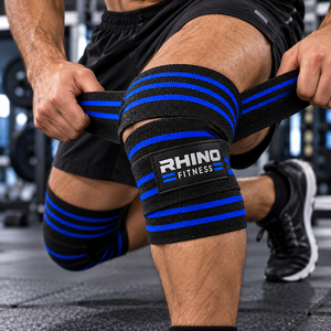 Rhino Fitness Adjustable Breathable <b>Nylon</b> Knee Wraps with Swelling Prevention Black Blue <b>Hook</b> Loop Stabilizer Support - Product Image 3