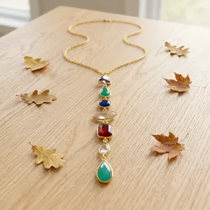 Gold Plated Brass Pendant Necklace with Multi Color Quartz Stones <b>Link</b> Chain Bohemia Style for Women Anniversary Jewelry - Product Image 2