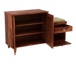 Solid Wood Shoe Cabinet with Bench | 2-in-1 Fretwork Door Shoe Rack and Upholstered Seat | Wholesale Entryway Furniture - Product Image 2