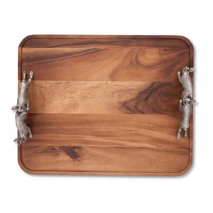 Plateau de service en bois artisanal avec poignées en métal argenté en forme de fleur de soleil, plateau décoratif en bois pour la maison et la restauration - Product Image 6