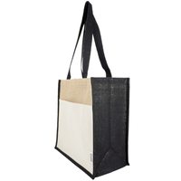 Sac fourre-tout en coton recyclé et jute avec poche avant, soufflet, forme structurée, personnalisable avec logo, vente en gros, promotionnel, pour le marché et le shopping