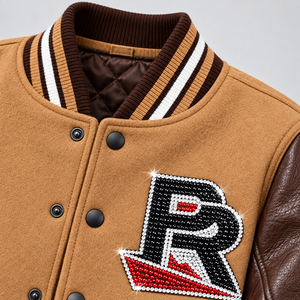 Chaqueta universitaria de animadoras para hombre, estilo Letterman con pedrería, chaqueta bomber personalizada para equipo de animadoras con mangas de cuero, la mejor calidad - Product Image 6