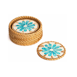 Posavasos de Nácar Arcoíris Brillante - Borde de Ratán Tejido a Mano - Incrustaciones de Conchas Multicolores - Protector Resistente al Calor - Product Image 1