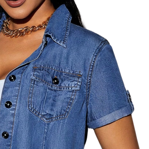 Camisa vaquera de manga corta para mujer, con botones, corte ajustado, de algodón lavado, cuello vuelto, blusa de mezclilla, top de moda de verano para uso diario - Product Image 3