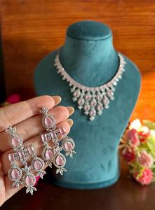 Light Pink Zircon <b>Statement</b> <b>Necklace</b> and Earrings Set Silver-Plated American Diamond Jewelry for Women Handmade Bulk Product - Product Image 3