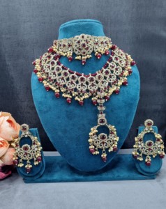 Traditional Ethnic Dual Bridal <b>Set</b> Heavy CZ Studded Choker & Necklace Combo With Matching Chadbali Earrings & Mangtika Wholesale - Product Image 3