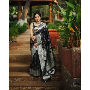 TENDENCIA BANARASI SUAVE SEDA PLATA ZARI TRABAJO SAREE CON BLUSA DESCOSTADA NEGRO - Product Image 1