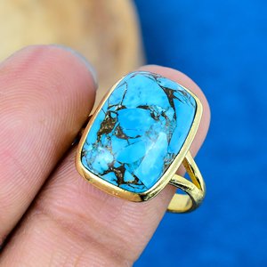Handmade Blue Copper <b>Turquoise</b> Cushion Gemstone <b>Ring</b> 18k Gold Micron Over 925 Sterling Silver <b>Ring</b> - Product Image 3