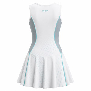 White Aqua Grey Custom Women Tennis Dress Sleeveless Half Zip Quick Dry Athletic Uniform with Flared <b>Skirt</b> and <b>Mesh</b> Panels - Product Image 5