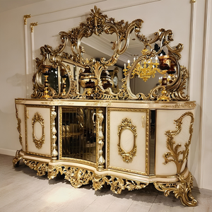 Juego de Comedor de Lujo Estilo Real, Madera de Teca Sólida Tallada a Mano con Detalles en Oro y Aparador con Espejo, Muebles Clásicos - Product Image 2