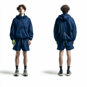Ensemble veste coupe-vent à capuche et short pour homme, léger, sportif, coupe ample, couleur unie, fermeture à cordon, tenue de pluie d'été pour homme - Product Image 6