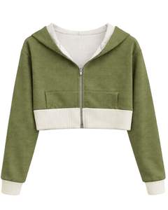 Sudadera con capucha corta para mujer, color verde oliva y forro polar de algodón, sudadera con capucha de colores contrastantes, ropa informal de calle, chaqueta para mujer - Product Image 1