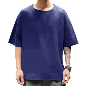 Camiseta Streetwear con Hombros Caídos, Estilo Moderno, Holgada, Color Azul Sólido, para Hombre - Product Image 1