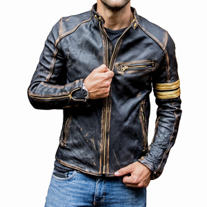 High Quality Men Distressed Vintage Leather Biker <b>Jacket</b> Retro <b>Cafe</b> <b>Racer</b> Motorcycle Cowhide Zipper Waterproof Windproof Stylish - Product Image 5