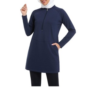 Robe de sport modeste à manches longues pour femmes, couleur marine unie, avec poches zippées, séchage rapide, respirante, écologique, pour le yoga et la remise en forme - Product Image 3