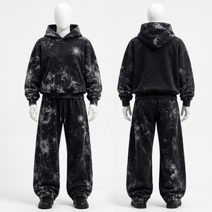 Ensemble de survêtement pour femme noir délavé à l'acide, comprenant un sweat à capuche oversize et un pantalon de survêtement à jambes larges, style streetwear décontracté - Product Image 1