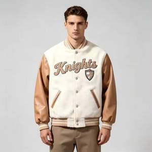 Knights Embroidered Varsity <b>Jacket</b> Men's <b>Fleece</b> PU Leather Sleeve Preppy Style Autumn Thick Sherpa <b>Lining</b> Turn-down Collar - Product Image 3