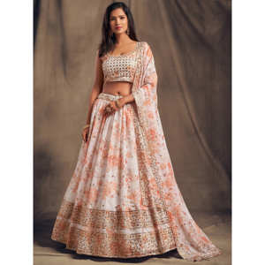 Festival d'organza imprimé floral blanc Lehenga Choli - Product Image 5