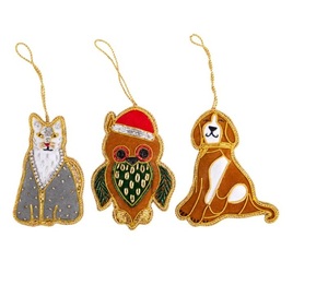 Juego de Adornos Colgantes Zari |   Llavero Bordado con Cuentas de Zorro, Búho y Perro |   Adorno de tela Zardozi para árbol de Navidad, festivo y para Eid - Product Image 2