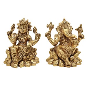 Statue en laiton de 3 pouces faite à la main de Lakshmi Ganesha (la paire de bon augure) fabriquée en Inde pour les cadeaux - Product Image 1
