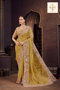 Ensemble de Blouse et Sari Traditionnel Élégant Brodé en Satin Vert Olive pour Femme, Séchage Rapide, Tenue de Mariage et de Cérémonie Indienne et Pakistanaise - Product Image 3