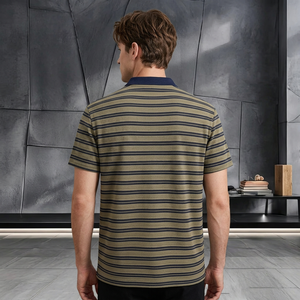 T-shirt à manches courtes en tricot rayé pour homme, avec bordure contrastée, logo sur le devant, coupe classique, décontracté, mélange de coton, été - Product Image 6