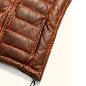 Men's <b>Brown</b> Genuine Leather Stand Collar Puffer <b>Vest</b> With Zipper Closure Windproof Casual Winter Outerwear - Product Image 5