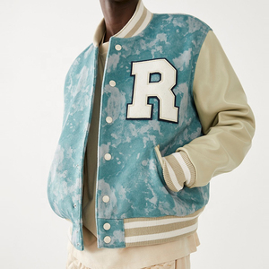 Men's Varsity <b>Jacket</b> Blue Cloud Print Cream Sleeve Letter R Patch Zipper Front Casual <b>winter</b> Wear - Product Image 3