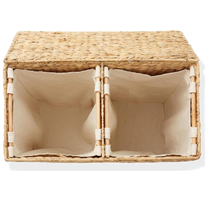 Natural Double Oval Water Hyacinth Laundry <b>Basket</b> with Lid, 2-Section <b>Hamper</b> With Soft Cotton Liner, Wholesale From Vietnam - Product Image 3