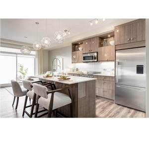 Meubles de cuisine modernes en acrylique sur mesure CANA, finition haute brillance, armoires modulaires en bois grainé avec grand îlot central - Product Image 4