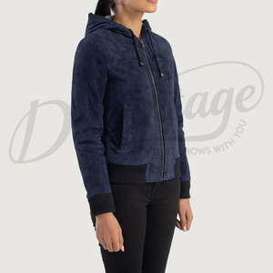Women Navy Blue Genuine Suede <b>Leather</b> Hooded Bomber <b>Jacket</b> Slim Fit Premium Goat Suede Casual Winter Outerwear Fashion Coat - Product Image 5