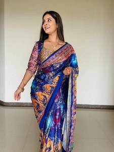 Sari de Seda Estampado Azul de Última Moda para Mujer, Estampado Digital, Largo hasta el Suelo, Ropa Tradicional India Formal para Fiesta - Product Image 3