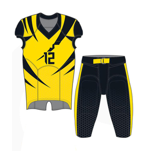 Maillot de football américain personnalisé imprimé jaune et noir, col en V, sans manches, avec pantalon ajusté anti-humidité et fermeture à boucle - Product Image 1