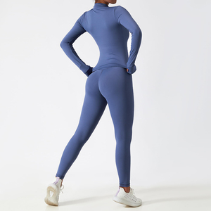 Women's Blue Seamless Yoga Set High Waist Leggings <b>Crop</b> <b>Top</b> With Zipper Jacket Activewear Fitness Outfit - Product Image 2