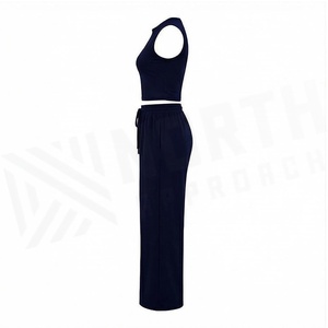 Ensemble de yoga bleu marine 2 pièces : Crop top et pantalon large taille haute avec cordon de serrage, couleur unie, en Spandex et Coton, Vêtements de sport - Product Image 3