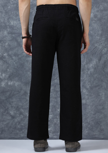 Premium Cotton <b>Trousers</b> For Men Black Solid Relaxed Fit Mid Rise Regular Pants <b>With</b> <b>Elasticated</b> <b>Waistband</b> And Drawstring Closure - Product Image 4