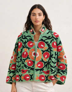 Embroidered Floral Woven <b>Quilted</b> Stand Collar Suzani Open Front Autumn <b>Winter</b> Bomber Jacket 100% Cotton Canvas Waterproof - Product Image 1