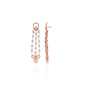 Luxury Rose Gold Long Drop <b>Earrings</b> with Multi-Strand Lab Grown <b>Chain</b> Design and Elegant Floral Pendant Detailing - Product Image 3
