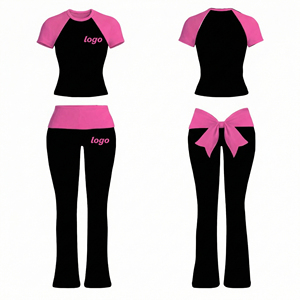Women <b>Raglan</b> Short Sleeve Lounge Set O Neck Contrast Color <b>Top</b> and High Waist Pants Custom Logo Summer Casual Wear - Product Image 4