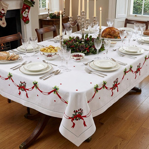 Custom Embroidered Green Holly and <b>Red</b> <b>Bow</b> Christmas Cotton Tablecloth Washable Hemstitch Tablecloth Home Hotel Restaurant Use - Product Image 1