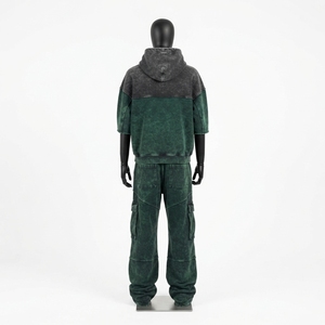 Mens Green <b>Black</b> Acid Wash Color Block <b>Zip</b> <b>Hoodie</b> Cargo Pants Tracksuit Set Custom Streetwear Casual Fashion Outfit - Product Image 4