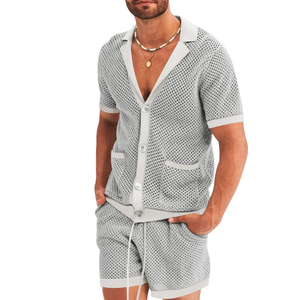 Camisas de verano para hombre, conjunto de 2 piezas de camiseta de manga corta con botones y cuello de malla hueca y pantalones cortos para vacaciones en la playa. - Product Image 1