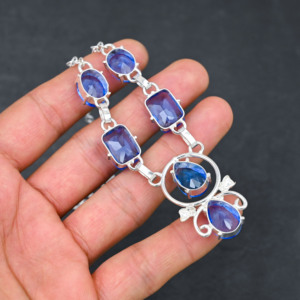 Collier de luxe pour femme en argent sterling avec perle de tanzanite de laboratoire personnalisée, 6 pierres, certifié par un tiers, idéal pour un mariage - Product Image 2