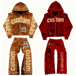 Premium Custom Logo Terry Acid Wash Flared <b>Sweatpants</b> Hoodie <b>Sets</b> Embroidered Streetwear Tracksuit Vintage Heavyweight Cotton - Product Image 3