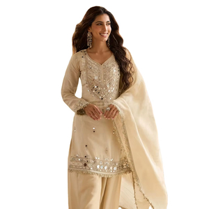 ชุดส่าหรีปักลายดีไซเนอร์ ผ้าไหมวิชิตร้า ประดับกระจกแท้ ดีไซน์หรูหราแบบอินเดียดั้งเดิม สำหรับทุกฤดูกาล แห้งเร็ว เหมาะสำหรับงานปาร์ตี้สำหรับผู้หญิง - Product Image 1