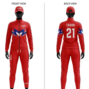 Survêtement de football en polaire polyester premium 280 GSM rouge avec empiècements bleus et blancs, impression par sublimation personnalisée - Product Image 1