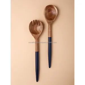 Vente en gros d'outils à salade en bois d'acacia bleu élégant ensemble d'ustensiles de cuisine en émail cuillère de service à salade pour le mélange pour la cuisson - Product Image 4
